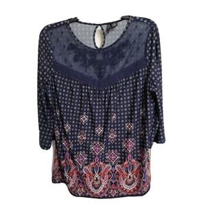 New Directions 3/4 Sleeve Tunic Embroidered Plus Size Top - Size 1X - Navy Multi
